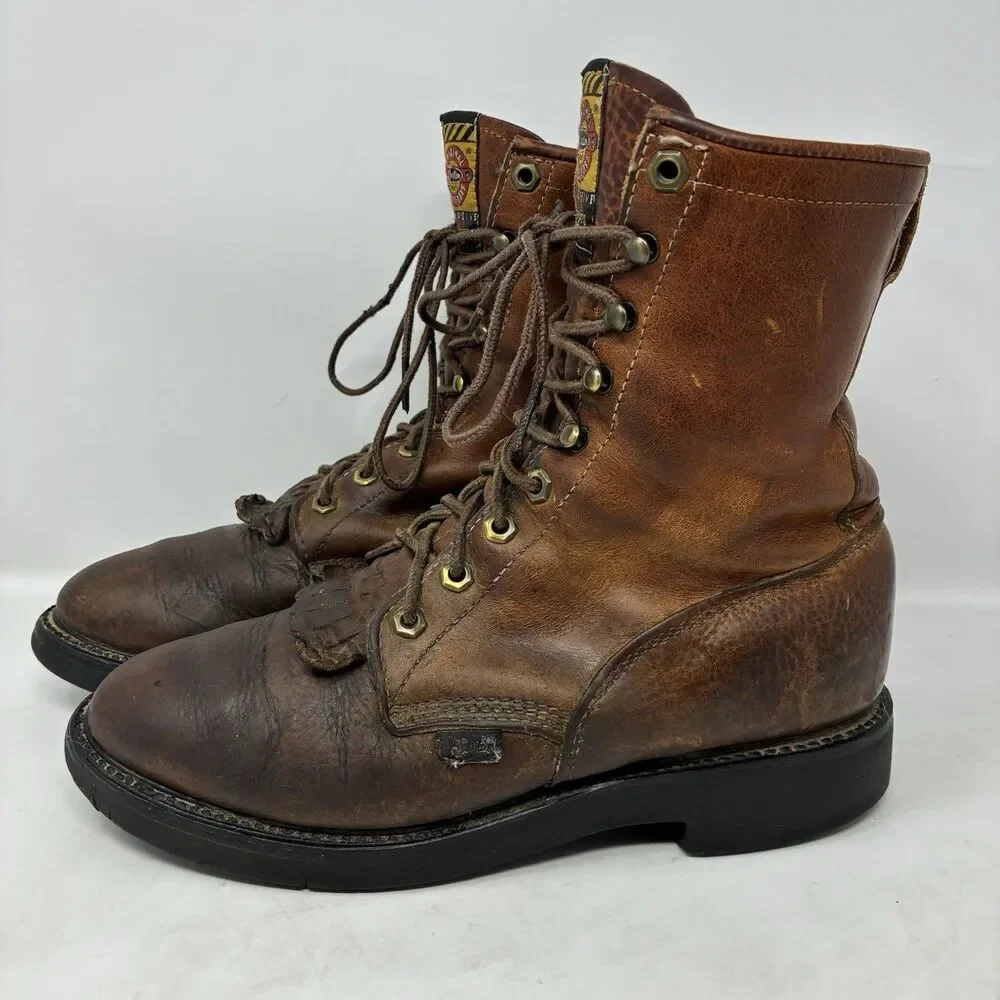 Justin Packer Logger Chestnut Brown 762 Kiltie Leather Work Boots USA Mens 8.5D